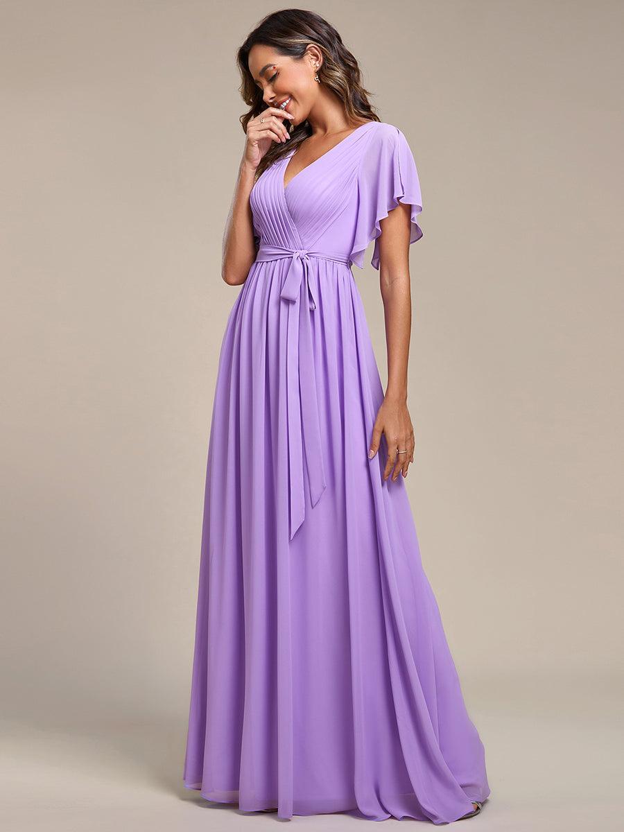 Robe de demoiselle d'honneur en mousseline de soie à encolure en V et à manches #Couleur_Lavande