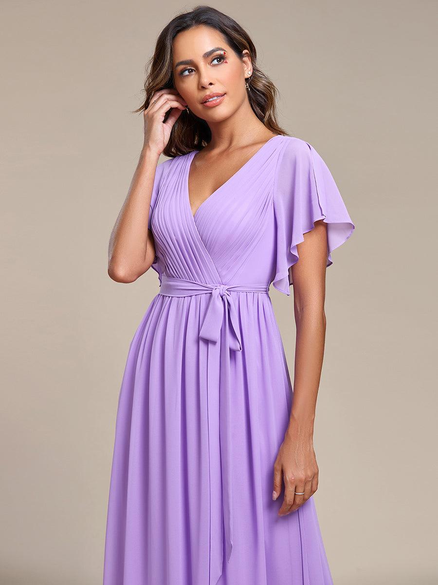 Robe de demoiselle d'honneur en mousseline de soie à encolure en V et à manches #Couleur_Lavande