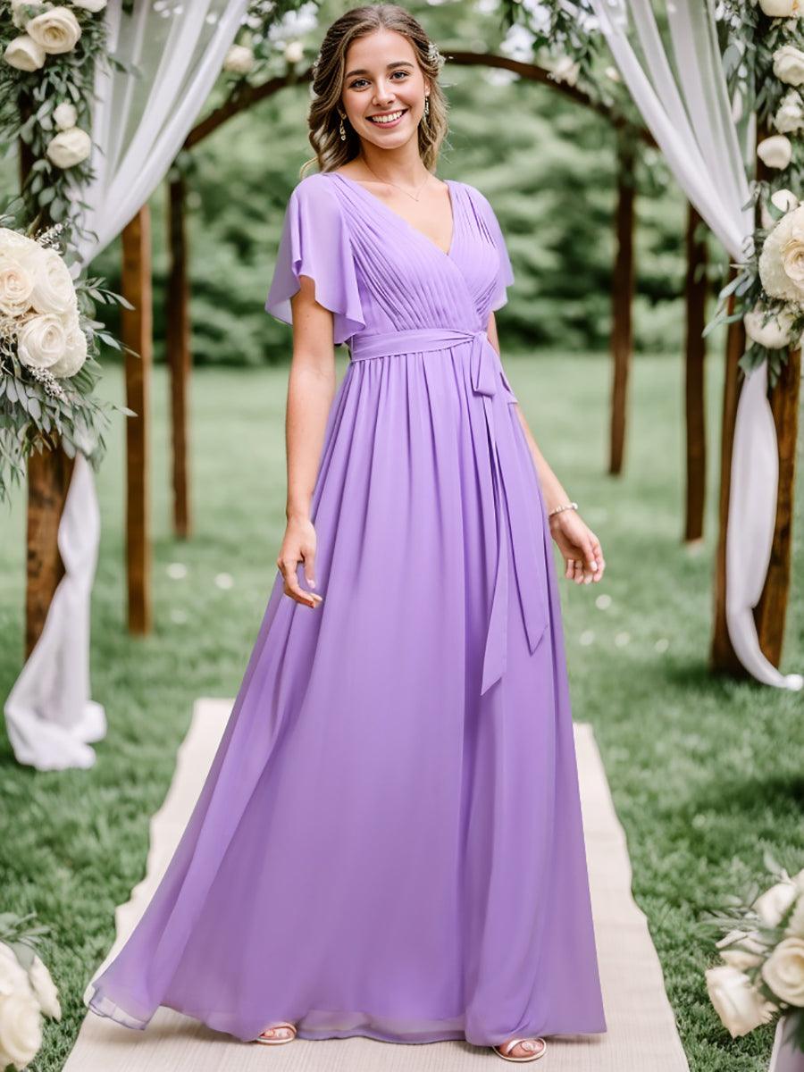 Robe de demoiselle d'honneur en mousseline de soie à encolure en V et à manches #Couleur_Lavande