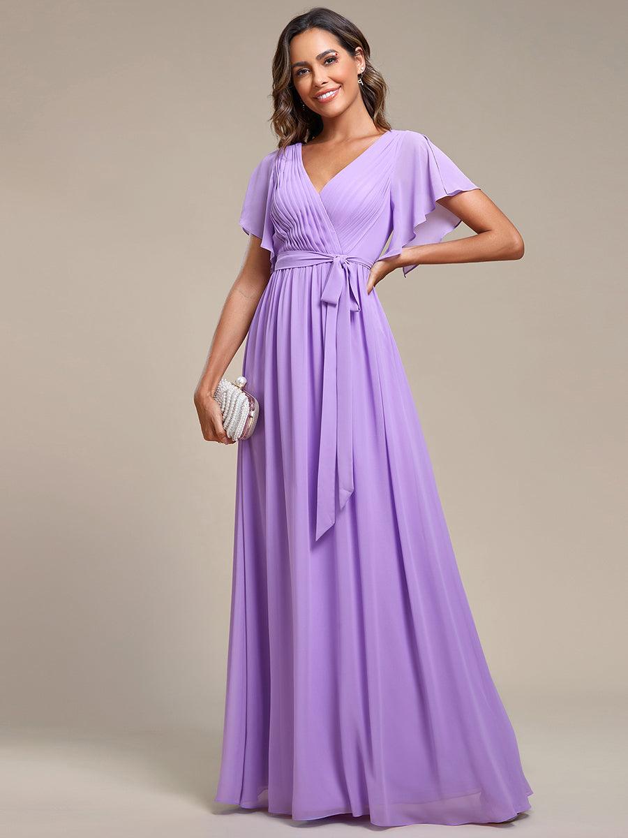 Robe de demoiselle d'honneur en mousseline de soie à encolure en V et à manches #Couleur_Lavande
