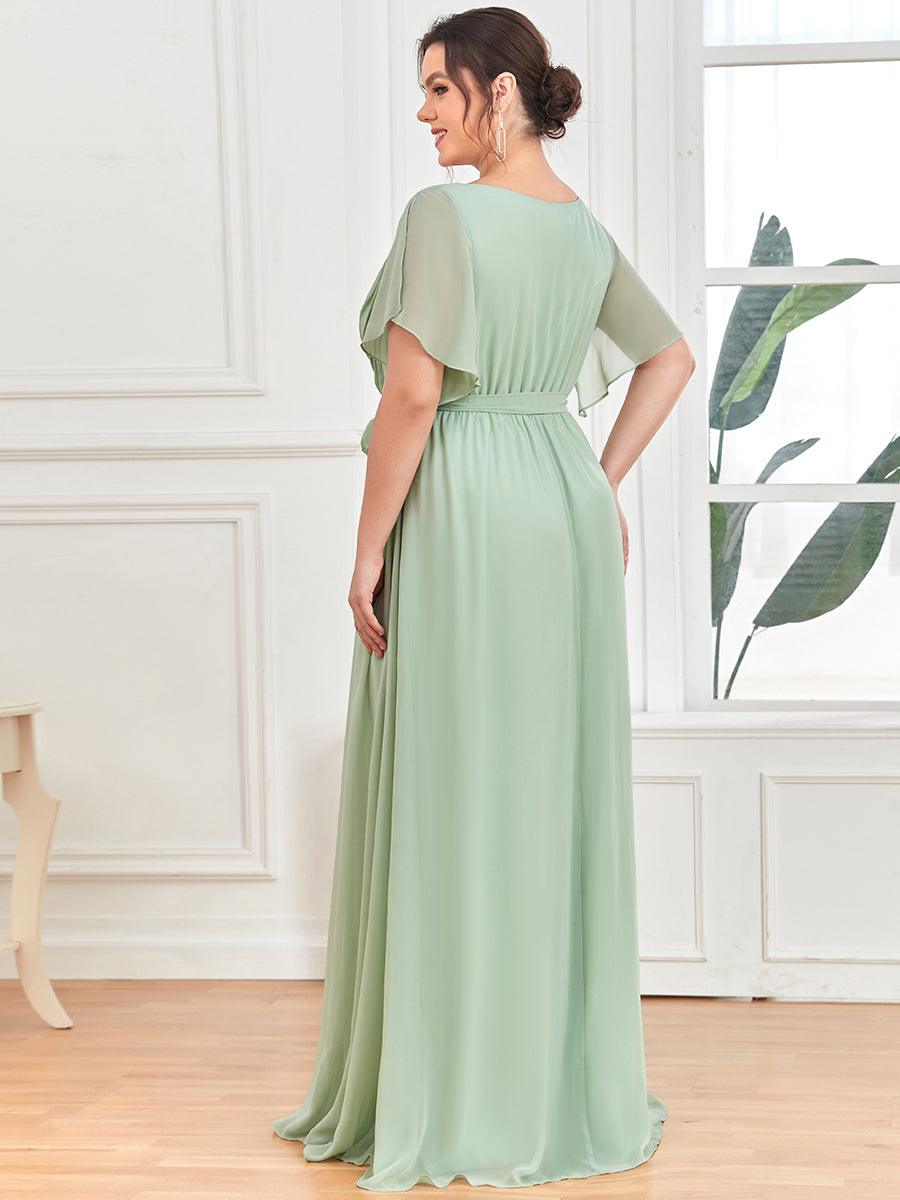 Robe de demoiselle d'honneur en mousseline de soie à encolure en V et à manches #Couleur_Menthe Verte