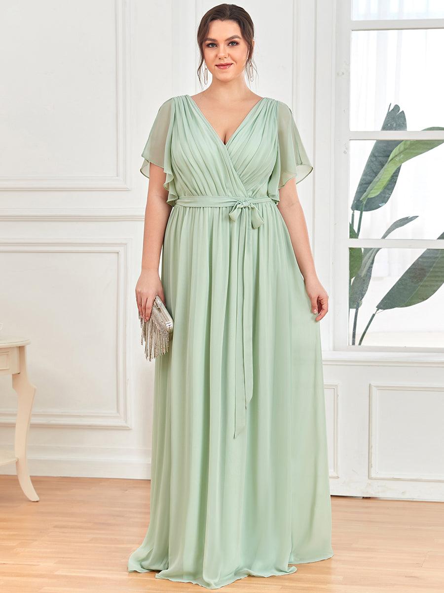 Robe de demoiselle d'honneur en mousseline de soie à encolure en V et à manches #Couleur_Menthe Verte