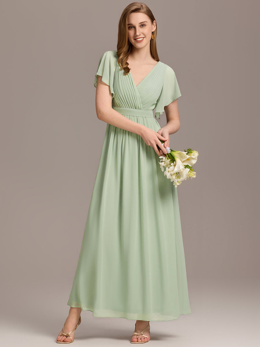 Robe de demoiselle d'honneur en mousseline de soie à encolure en V et à manches #Couleur_Menthe Verte