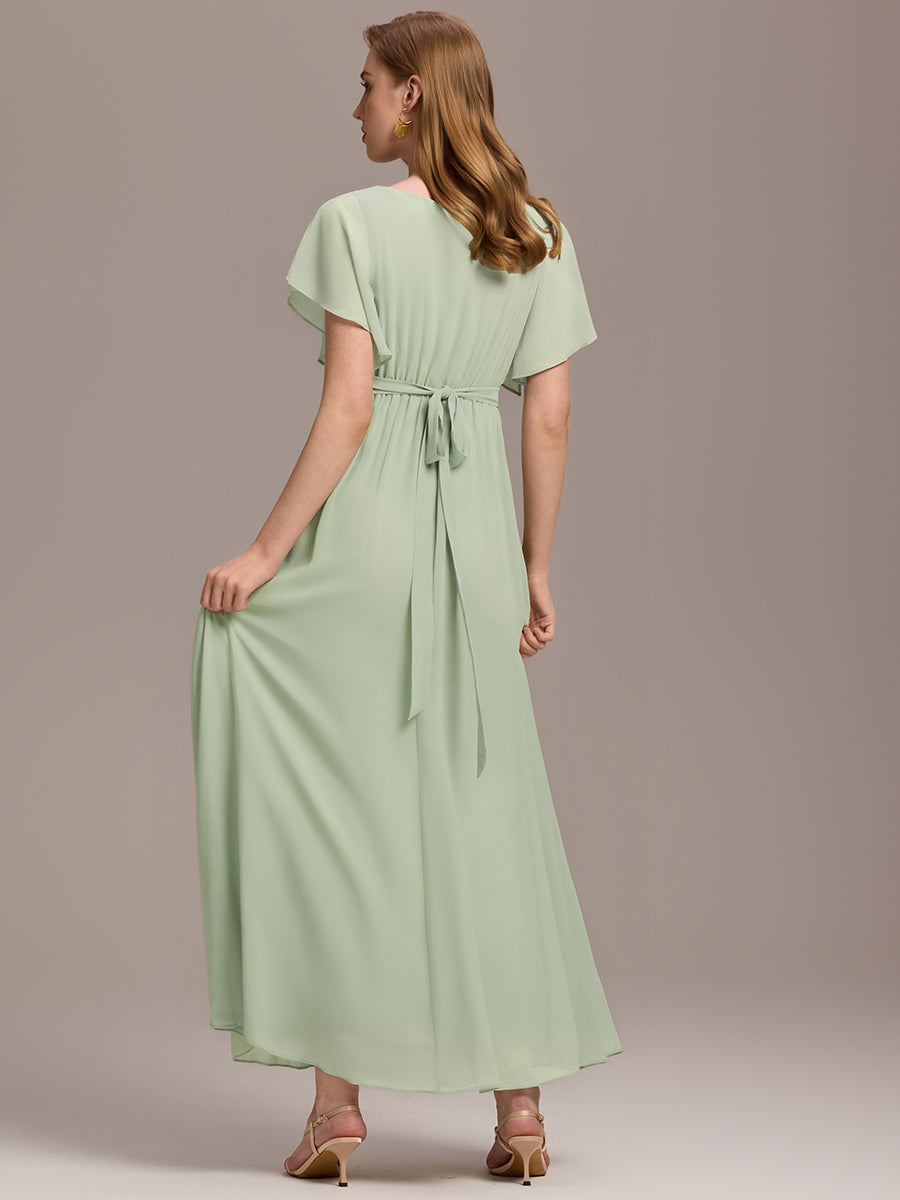 Robe de demoiselle d'honneur en mousseline de soie à encolure en V et à manches #Couleur_Menthe Verte