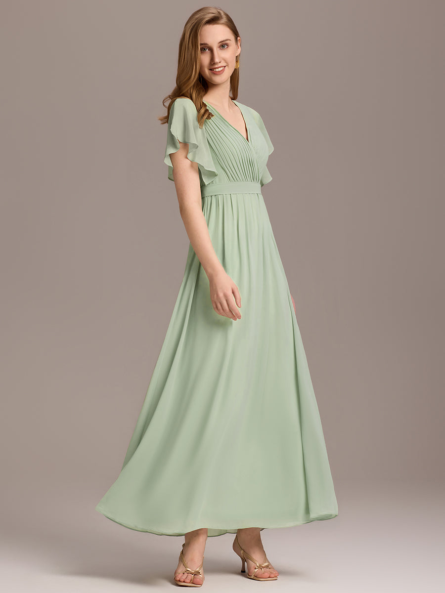 Robe de demoiselle d'honneur en mousseline de soie à encolure en V et à manches #Couleur_Menthe Verte