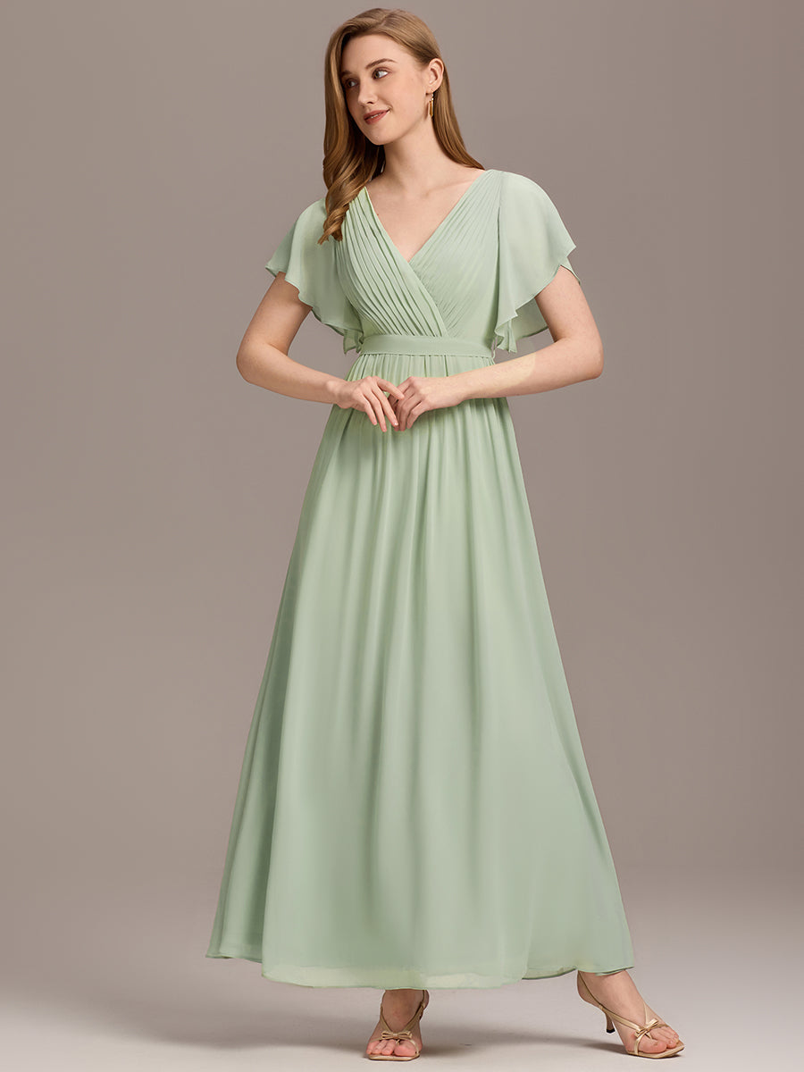 Robe de demoiselle d'honneur en mousseline de soie à encolure en V et à manches #Couleur_Menthe Verte