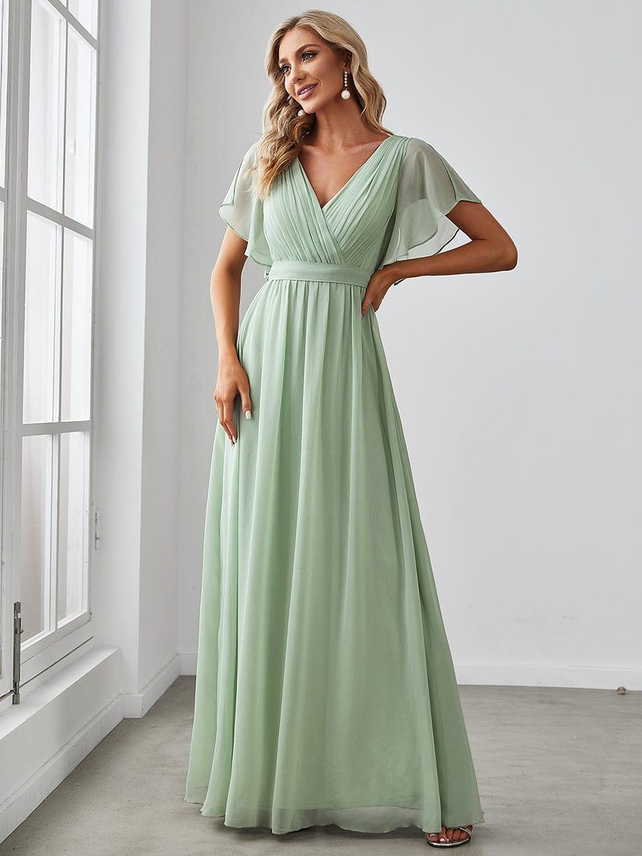 Robe de soirée en mousseline de soie à encolure en V et à manches flottantes #Couleur_Menthe Verte