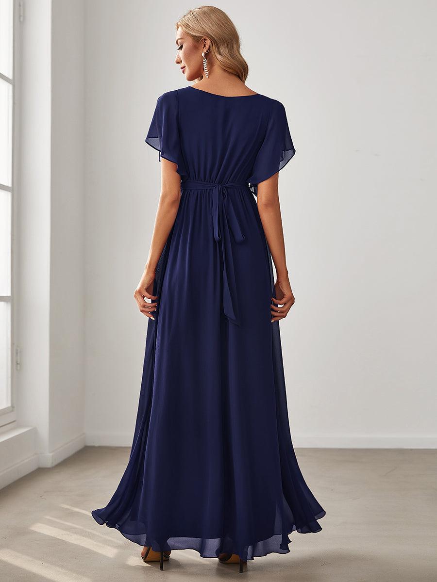 Robe de demoiselle d'honneur en mousseline de soie à encolure en V et à manches #Couleur_Bleu Marine