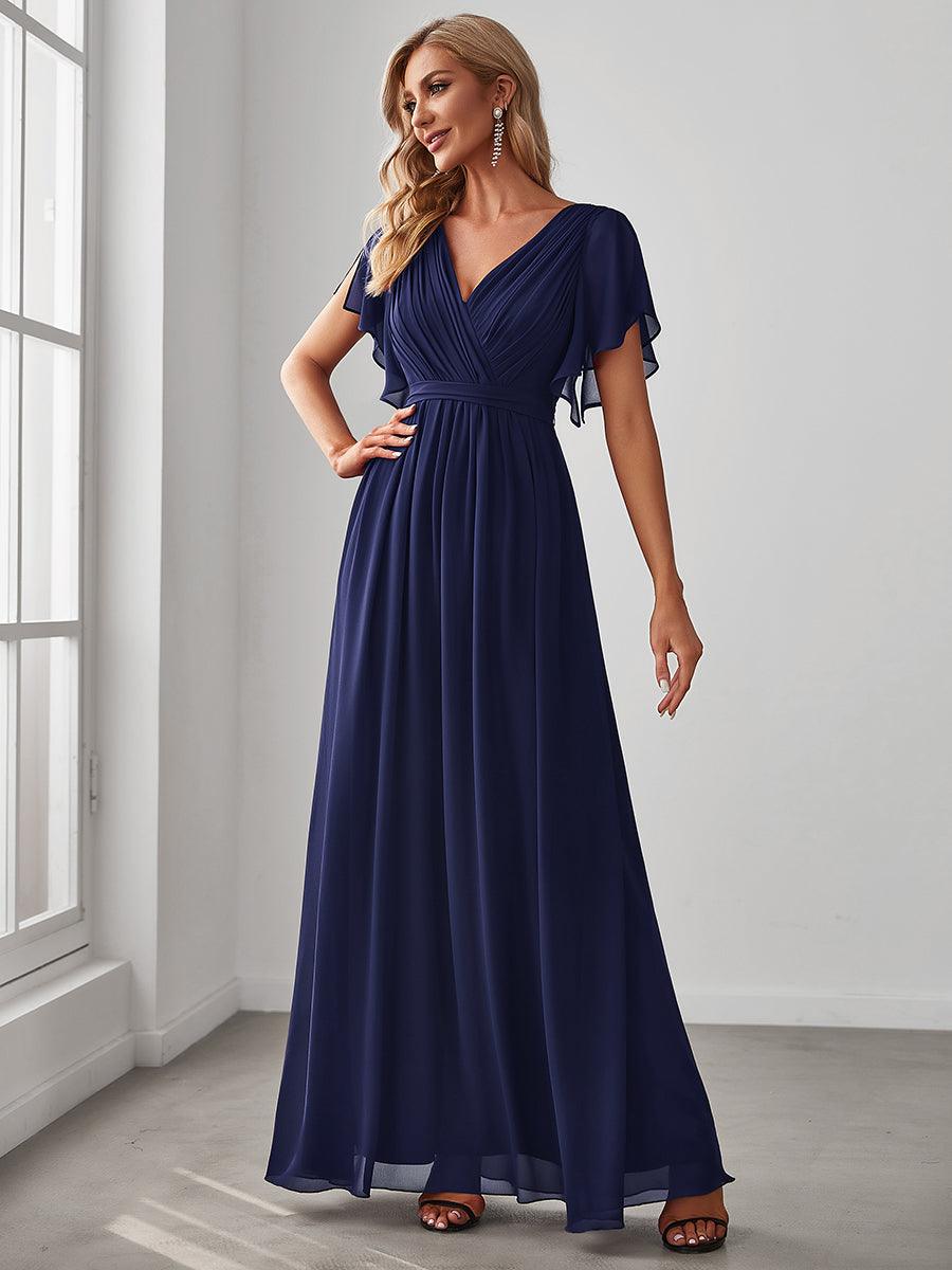 Robe de demoiselle d'honneur en mousseline de soie à encolure en V et à manches #Couleur_Bleu Marine