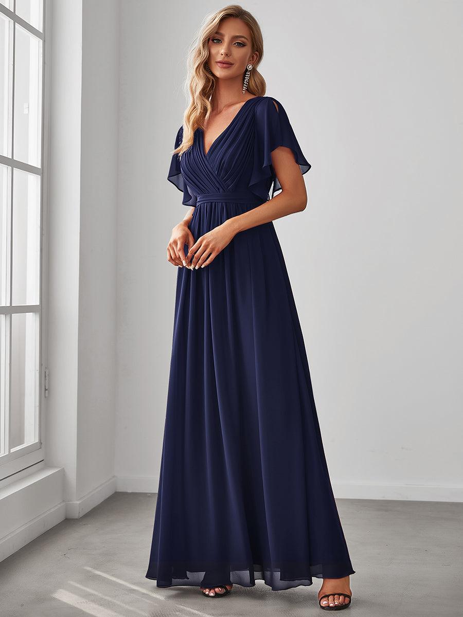 Robe de demoiselle d'honneur en mousseline de soie à encolure en V et à manches #Couleur_Bleu Marine