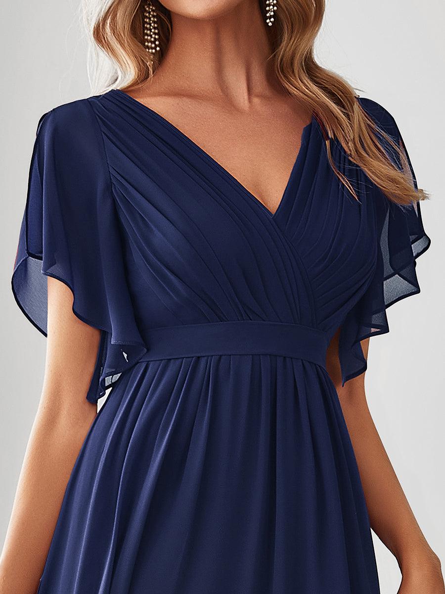 Robe de demoiselle d'honneur en mousseline de soie à encolure en V et à manches #Couleur_Bleu Marine