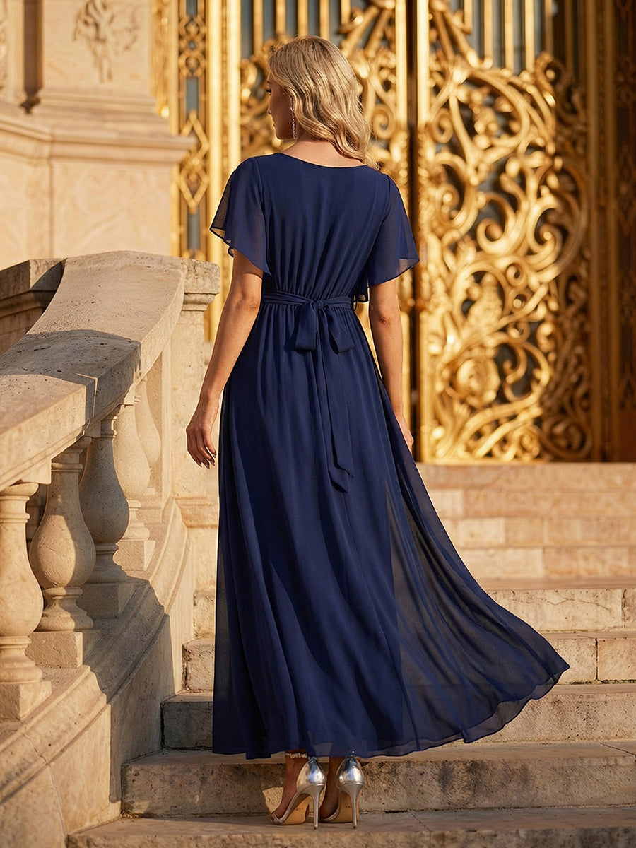 Robe de soirée en mousseline de soie à encolure en V et à manches flottantes #Couleur_Bleu Marine