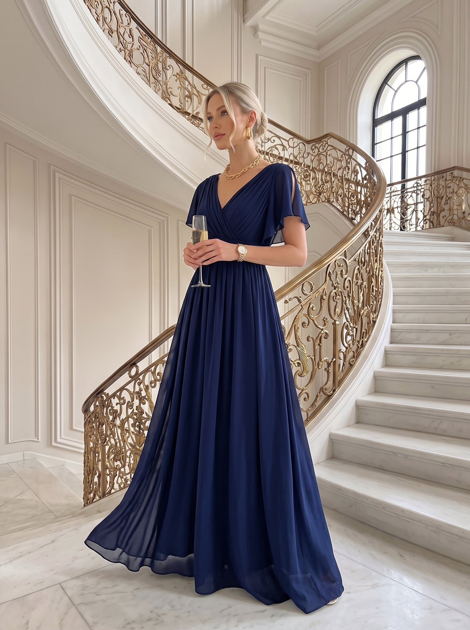 Robe mariage invitée en mousseline de soie à encolure en V et à manches flottantes #Couleur_Bleu Marine