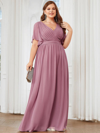 pretty LEORA|Robe de soirée en mousseline de soie longue de grande taille à encolureen V Maxi