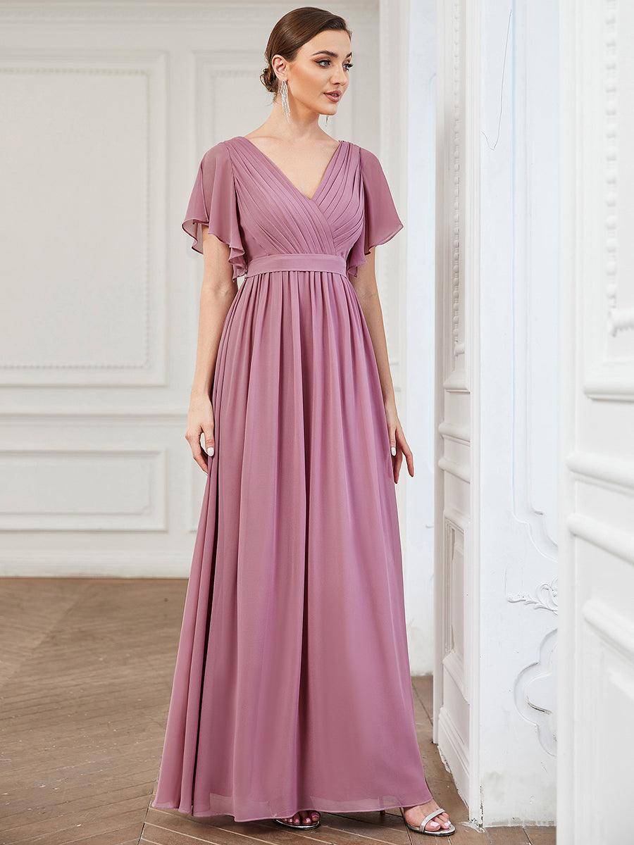 Robe de demoiselle d'honneur en mousseline de soie à encolure en V et à manches #Couleur_Orchidee
