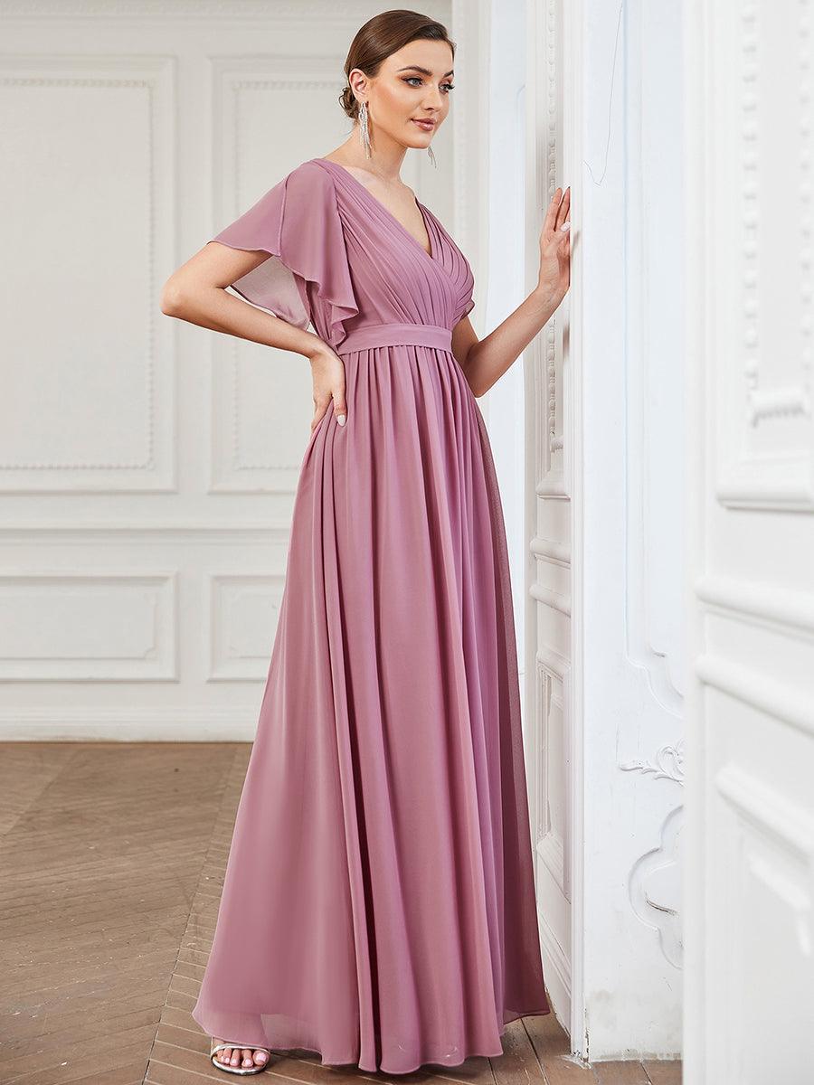 Robe de demoiselle d'honneur en mousseline de soie à encolure en V et à manches #Couleur_Orchidee