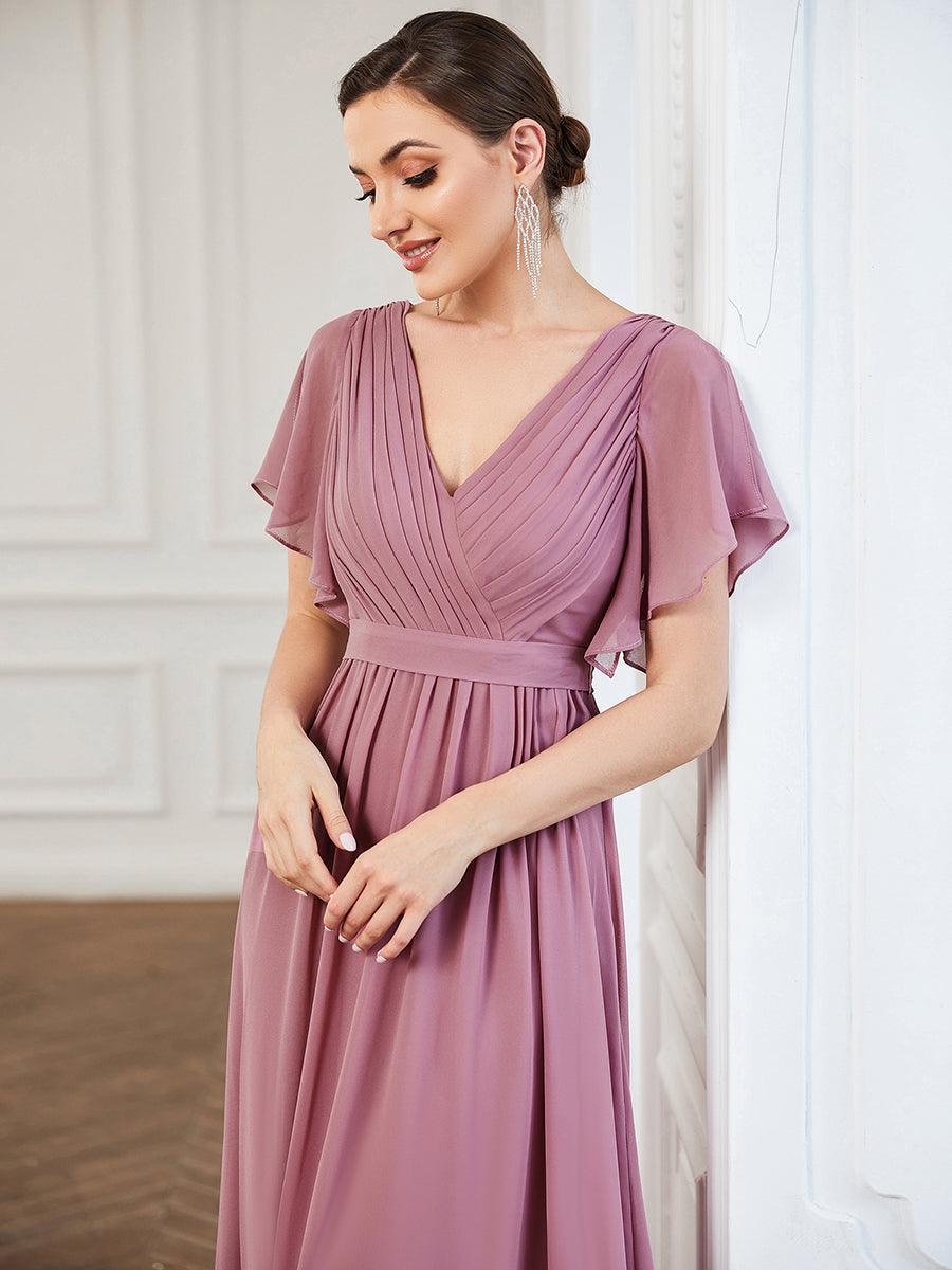 Robe de demoiselle d'honneur en mousseline de soie à encolure en V et à manches #Couleur_Orchidee
