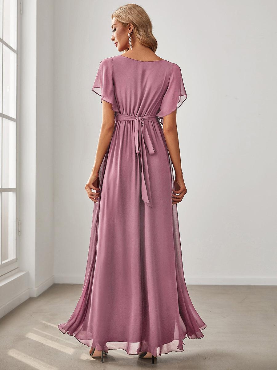 Robe de demoiselle d'honneur en mousseline de soie à encolure en V et à manches #Couleur_Orchidee