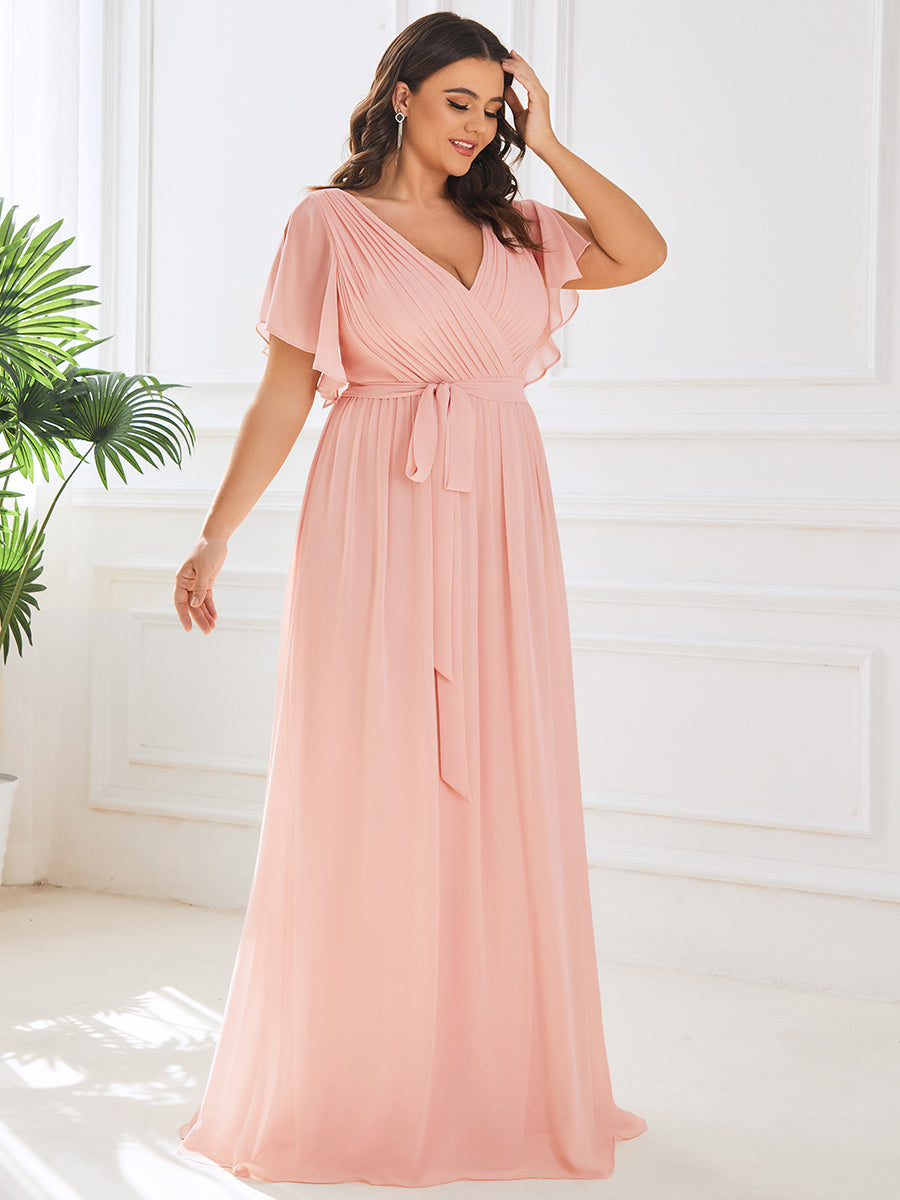 Robe de soirée en mousseline de soie longue de grande taille à encolureen V Maxi #Couleur_Rose