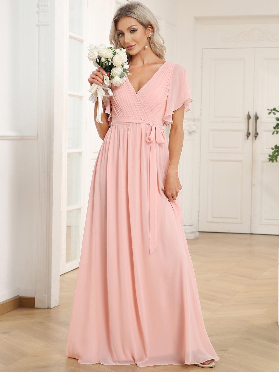 Robe de demoiselle d'honneur en mousseline de soie à encolure en V et à manches #Couleur_Rose
