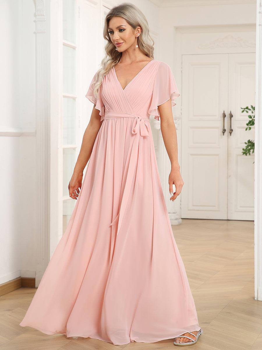 Robe de demoiselle d'honneur en mousseline de soie à encolure en V et à manches #Couleur_Rose