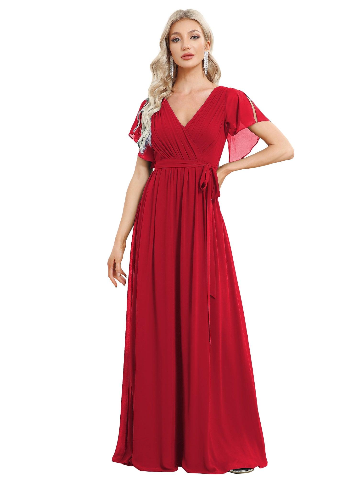 Taille personnalisée Robe de soirée en mousseline de soie à encolure en V #Couleur_Rouge