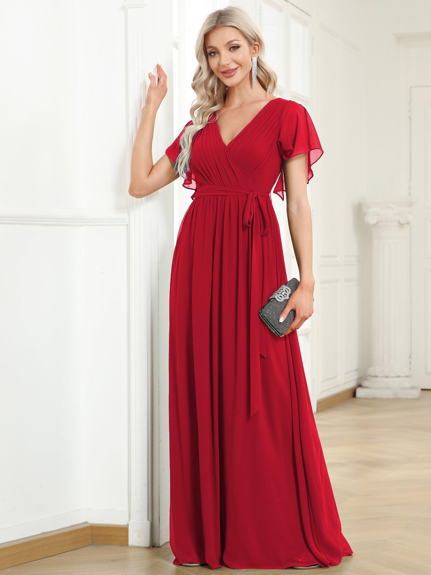 Taille personnalisée Robe de soirée en mousseline de soie à encolure en V #Couleur_Rouge