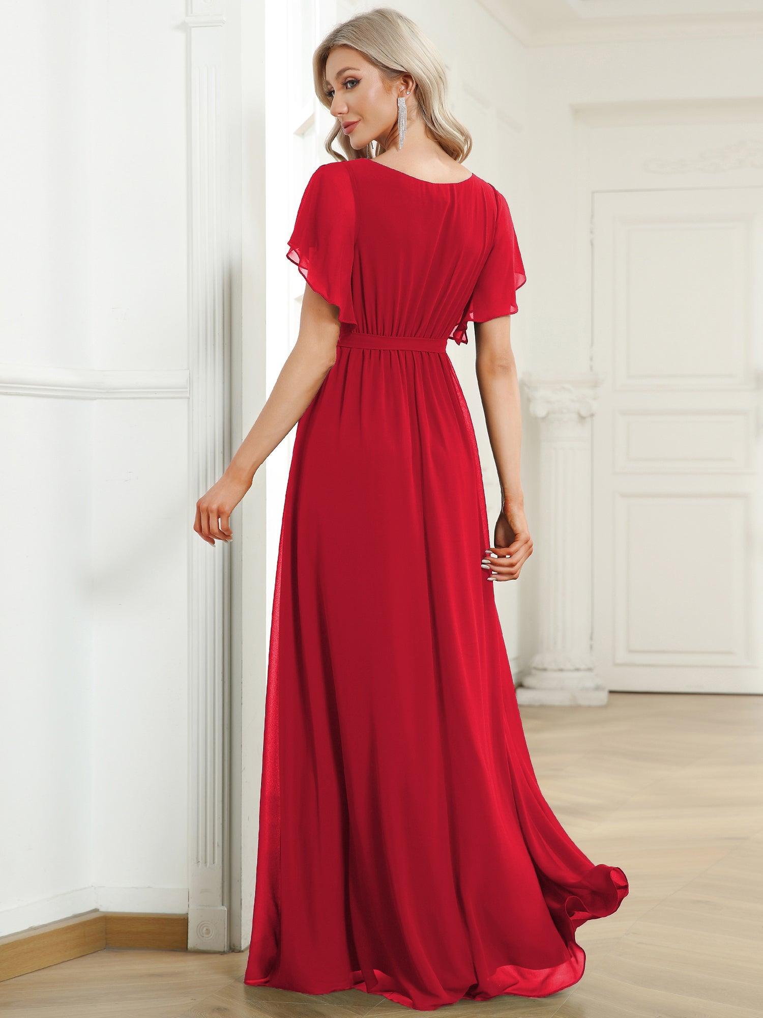 Taille personnalisée Robe de soirée en mousseline de soie à encolure en V #Couleur_Rouge