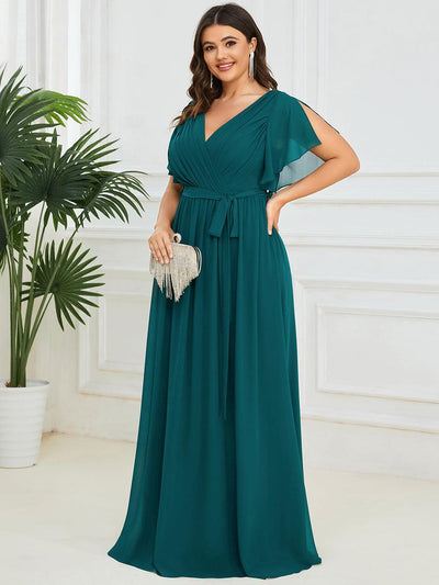 pretty LEORA|Robe de soirée en mousseline de soie longue de grande taille à encolureen V Maxi