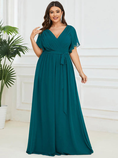 pretty LEORA|Robe de demoiselle d'honneur en mousseline de soie longue de grande taille à encolureen V Maxi