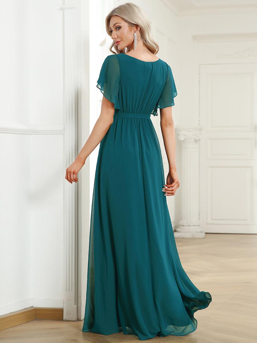 Robe de demoiselle d'honneur en mousseline de soie à encolure en V et à manches #Couleur_Bleu Sarcelle