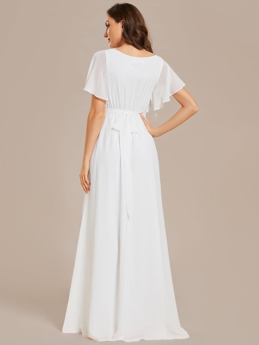 Robe de demoiselle d'honneur en mousseline de soie à encolure en V et à manches #Couleur_Blanc