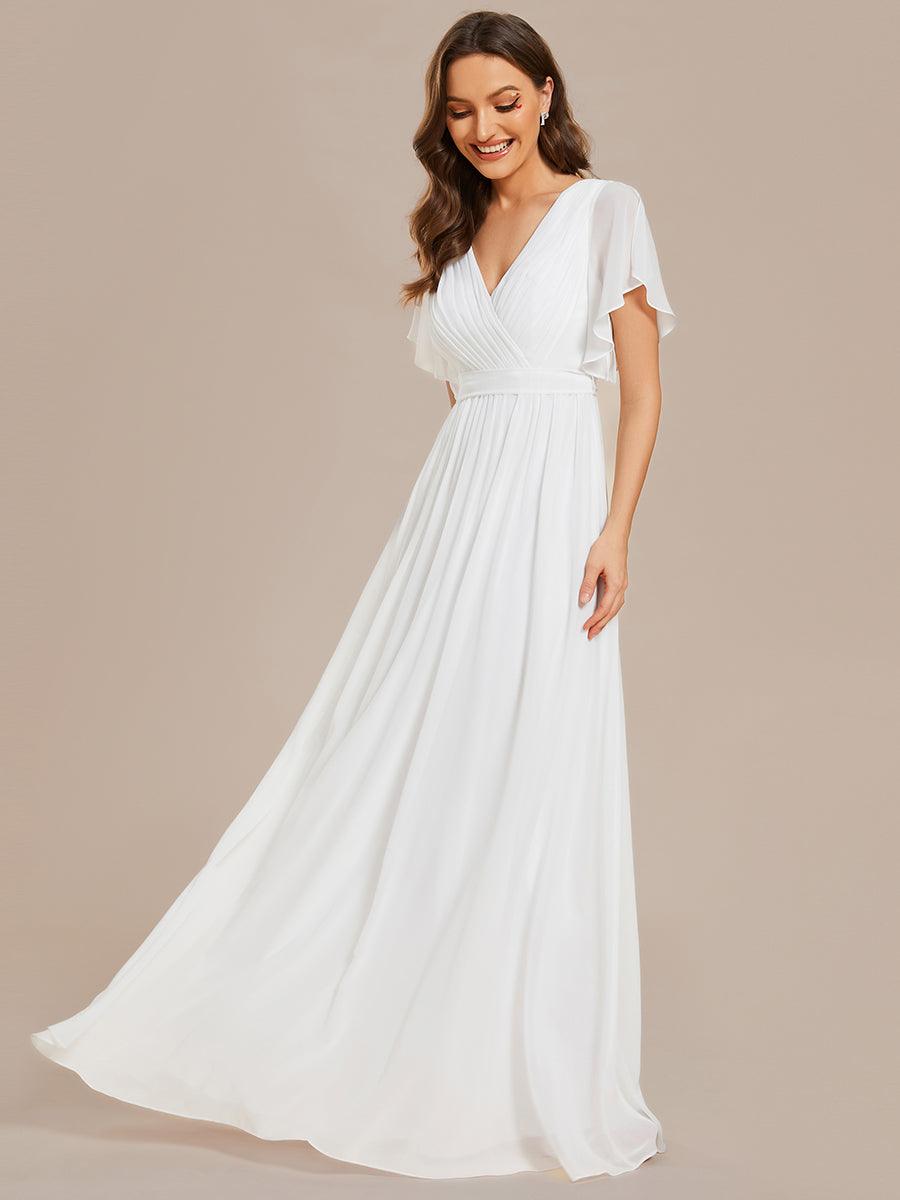 Robe de demoiselle d'honneur en mousseline de soie à encolure en V et à manches #Couleur_Blanc