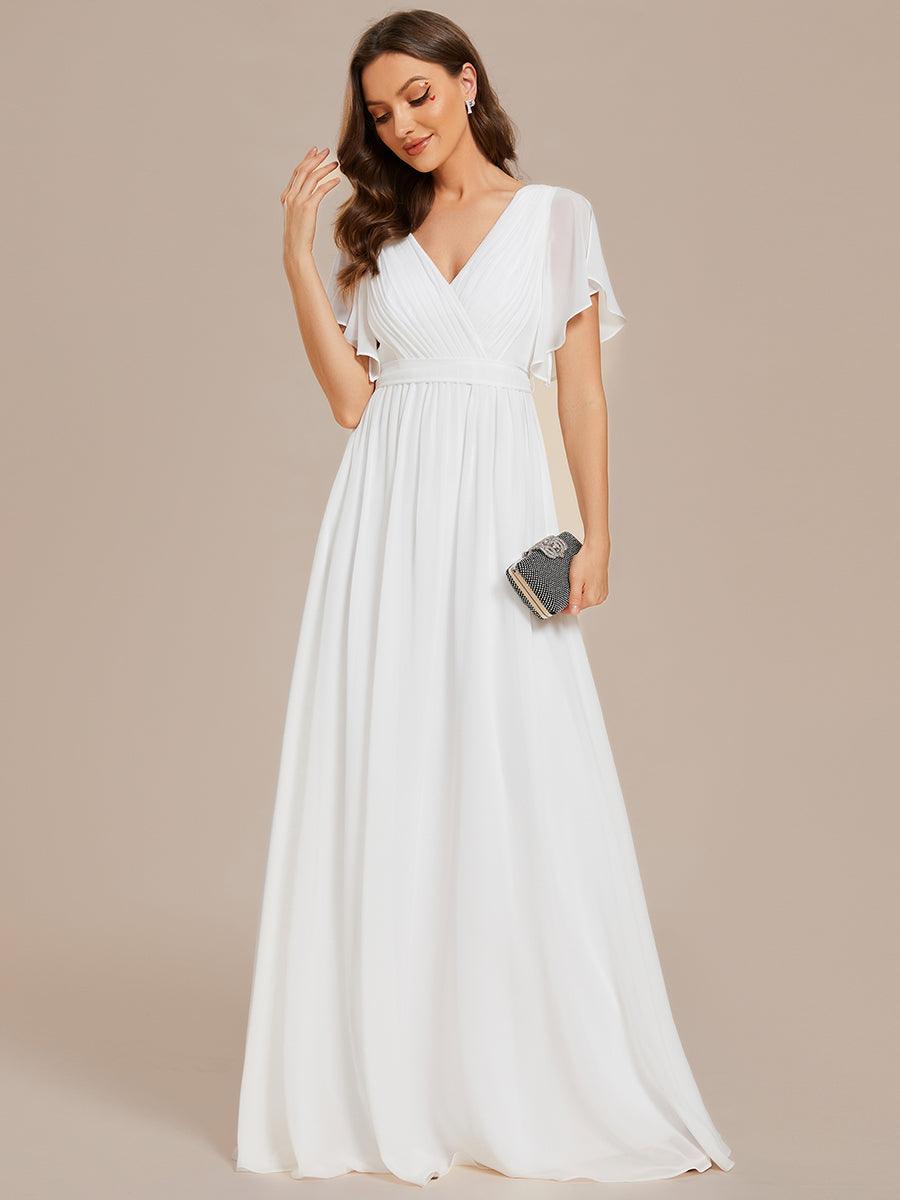 Robe de demoiselle d'honneur en mousseline de soie à encolure en V et à manches #Couleur_Blanc