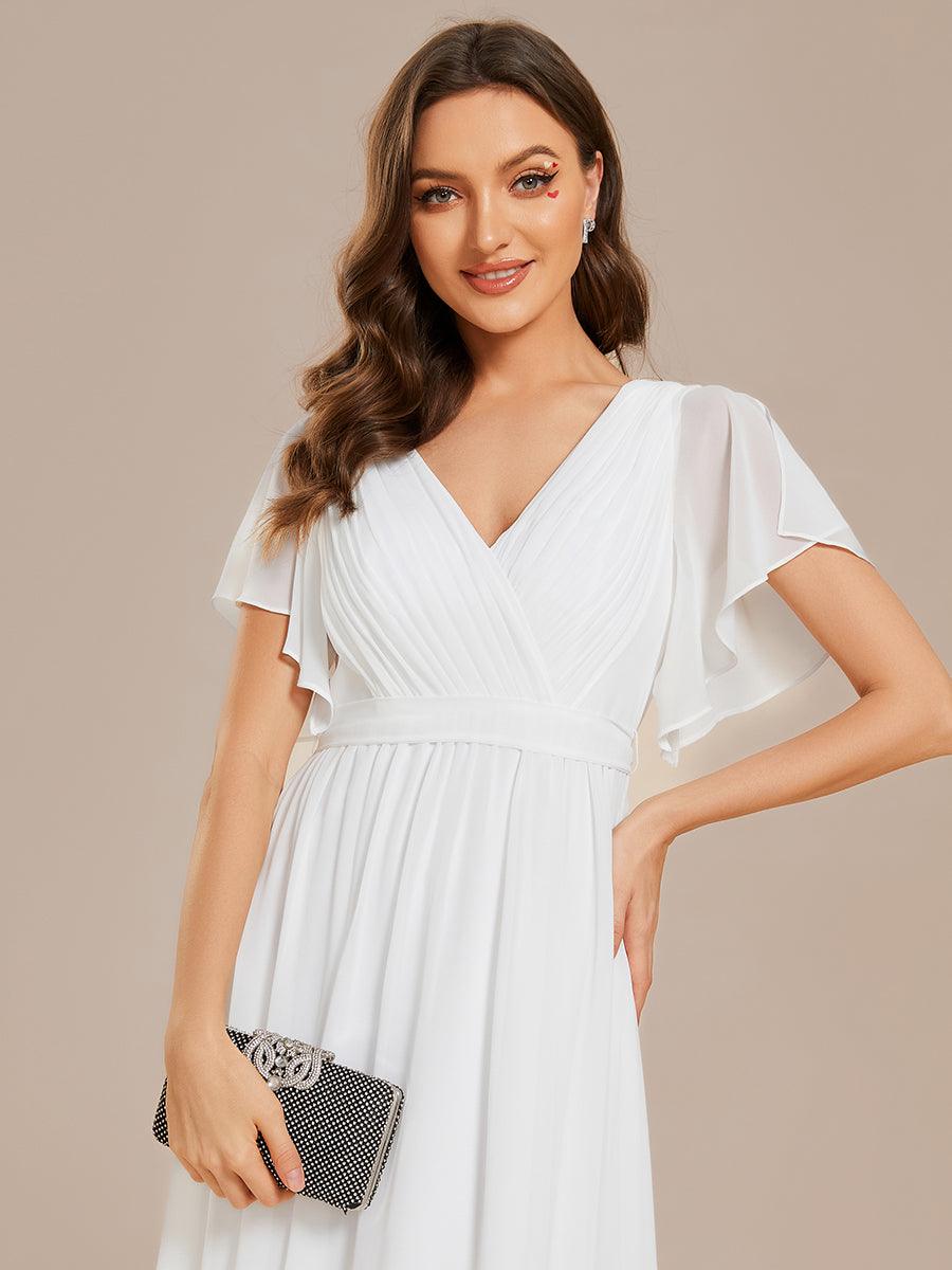 Robe de demoiselle d'honneur en mousseline de soie à encolure en V et à manches #Couleur_Blanc