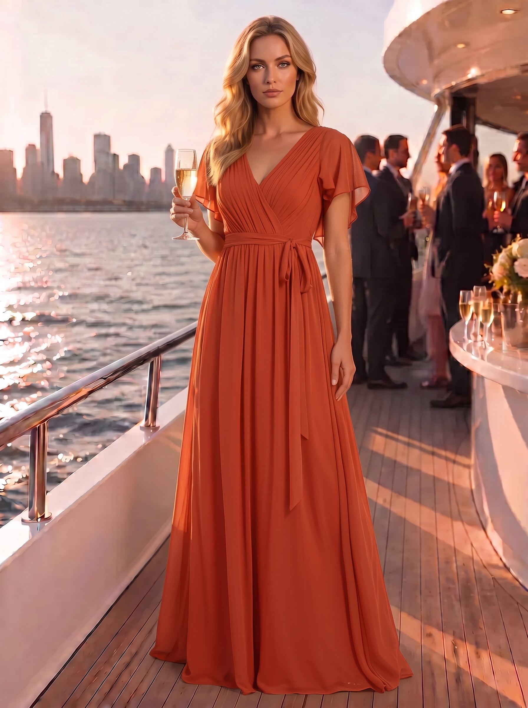 Robe de soirée en mousseline de soie à encolure en V et à manches flottantes #Couleur_Burnt Orange