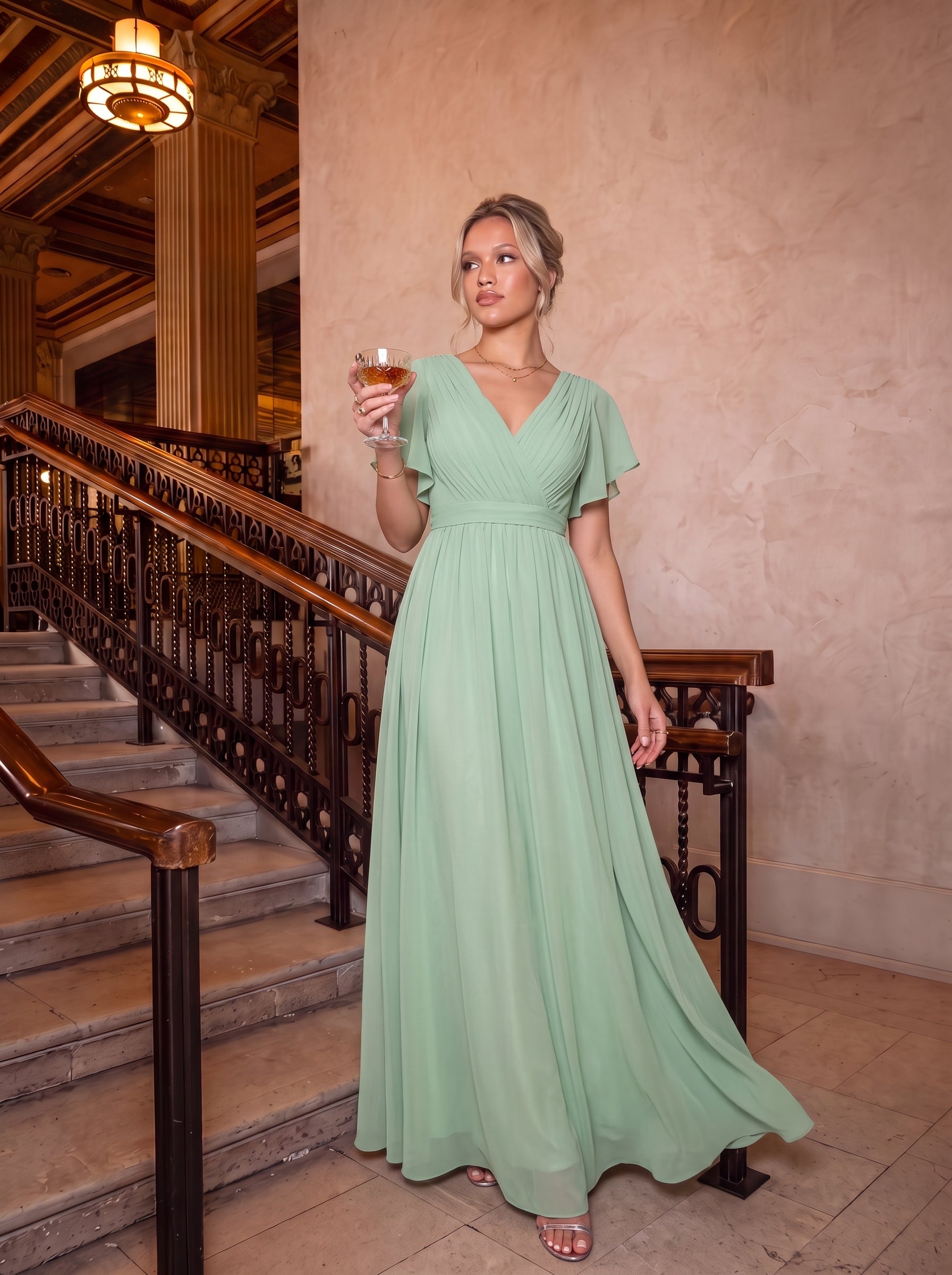 Robe de soirée en mousseline de soie à encolure en V et à manches flottantes #Couleur_Menthe Verte