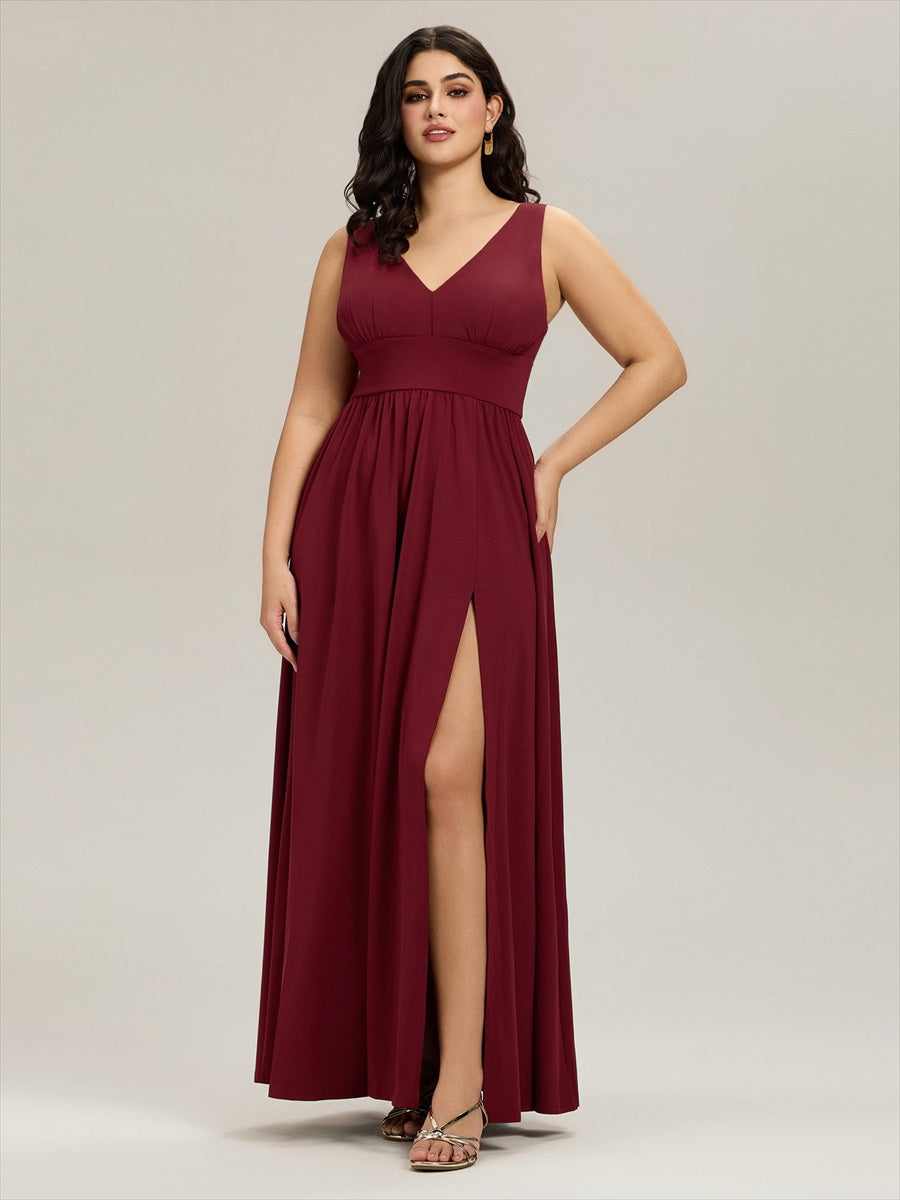Robe de soir??e longue au sol ?? taille empire et ?? encolure en V #Couleur_Bordeaux