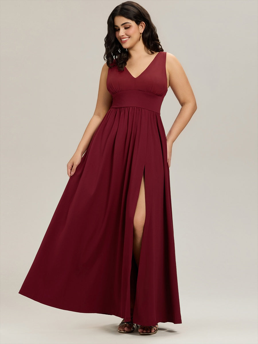 Robe de soir??e longue au sol ?? taille empire et ?? encolure en V #Couleur_Bordeaux