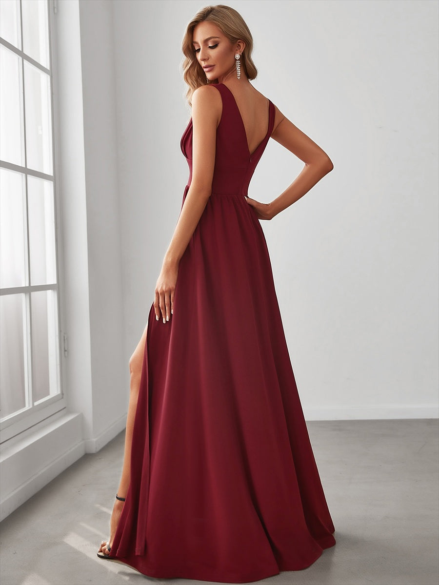 Robe de Bal Grande Taille Sans Manches Col en V Taille Empire Fendue au Sol #Couleur_Bordeaux