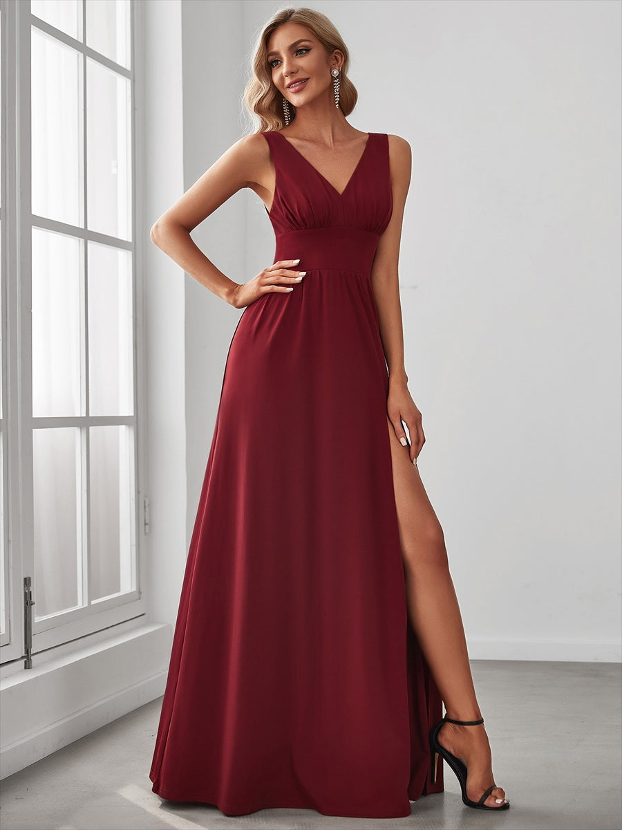 Robe de Bal Grande Taille Sans Manches Col en V Taille Empire Fendue au Sol #Couleur_Bordeaux