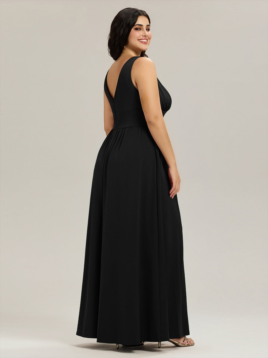 Robe de Bal Demoiselle d'Honneur longue au sol à taille empire et à encolure en V #Couleur_Noir