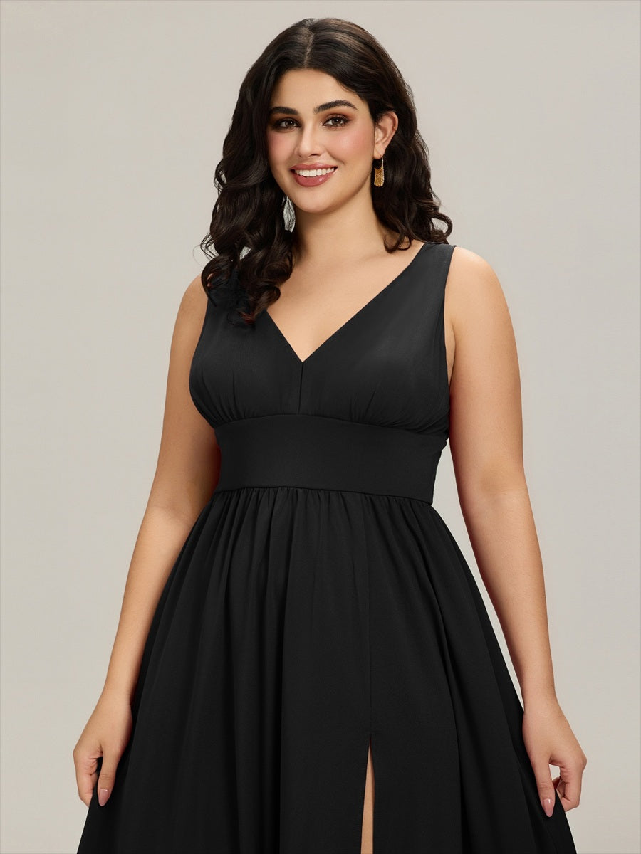 Robe de Soirée Grande Taille Sans Manches Col en V Taille Empire Fendue au Sol #Couleur_Noir