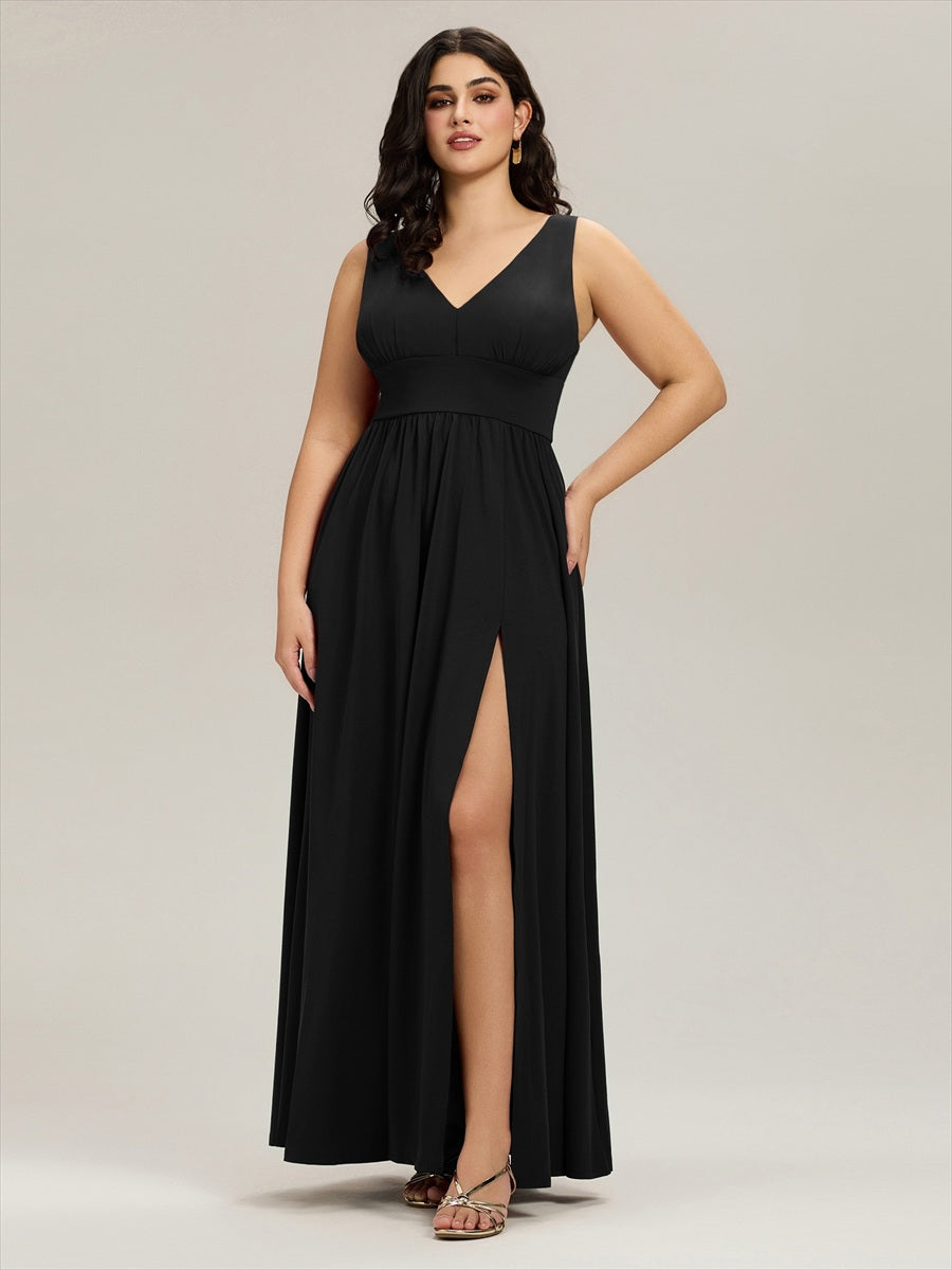 Robe de Bal Grande Taille Sans Manches Col en V Taille Empire Fendue au Sol #Couleur_Noir