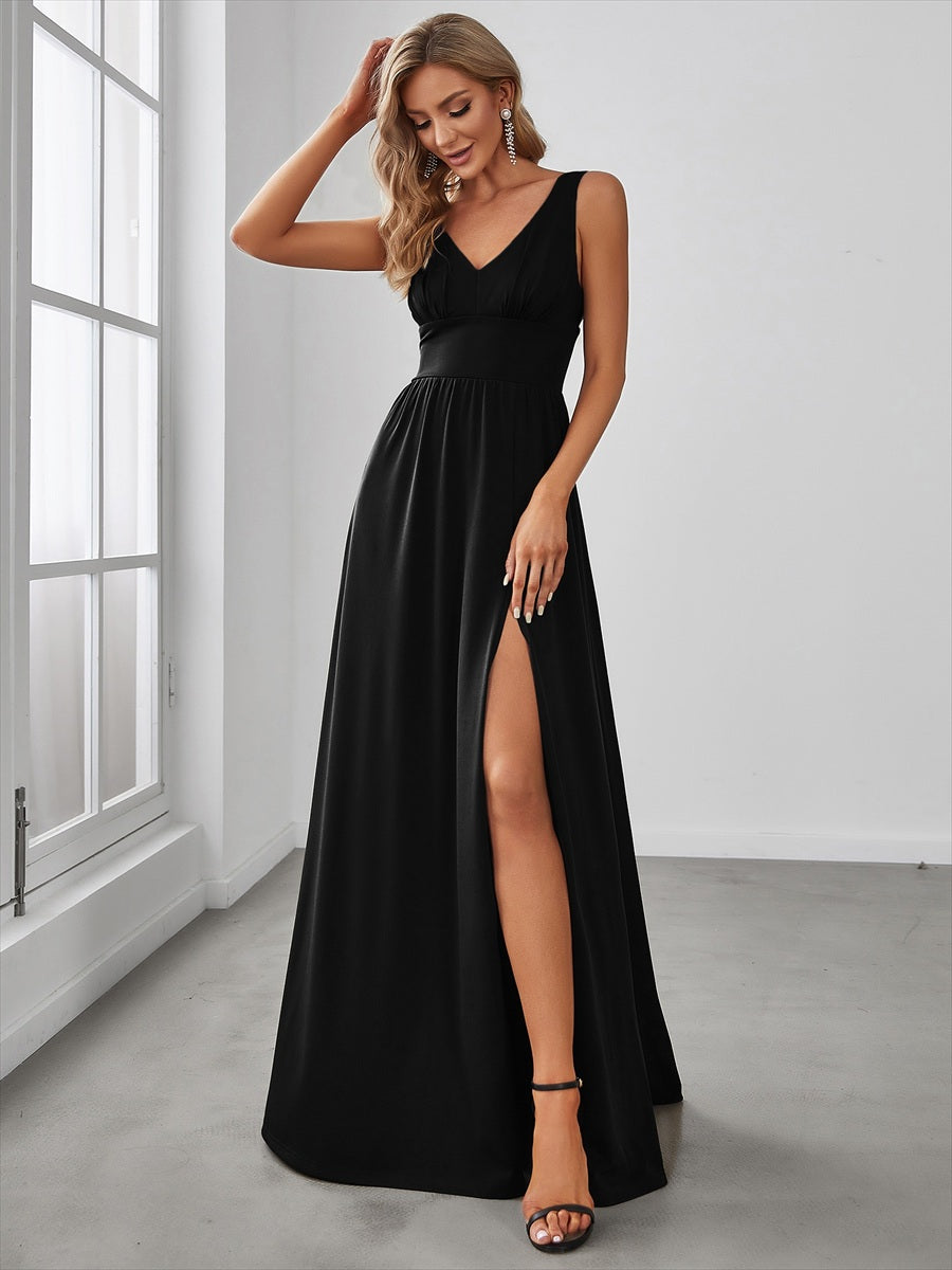 Robe de soir??e longue au sol ?? taille empire et ?? encolure en V #Couleur_Noir