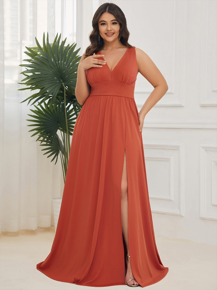 Robe de Bal Grande Taille Sans Manches Col en V Taille Empire Fendue au Sol #Couleur_Burnt Orange