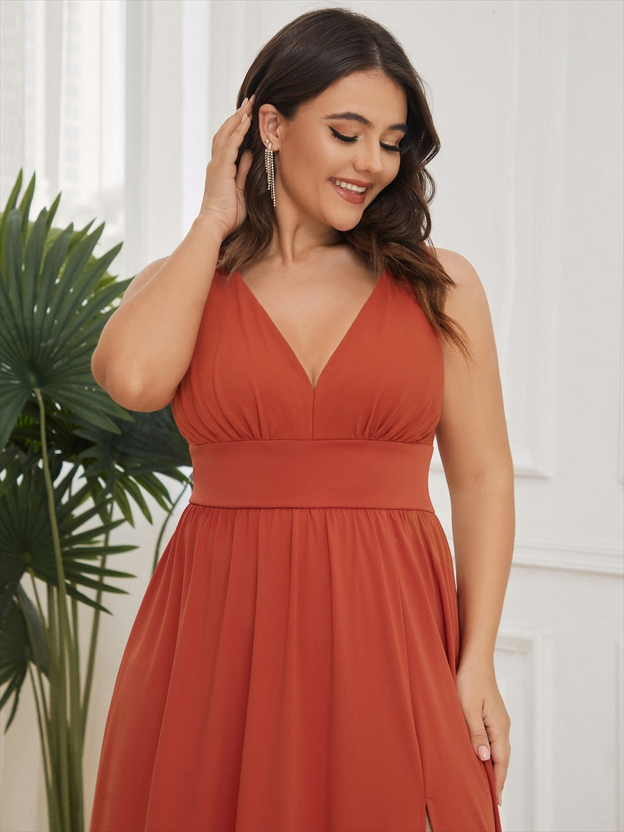 Robe de Bal Grande Taille Sans Manches Col en V Taille Empire Fendue au Sol #Couleur_Burnt Orange