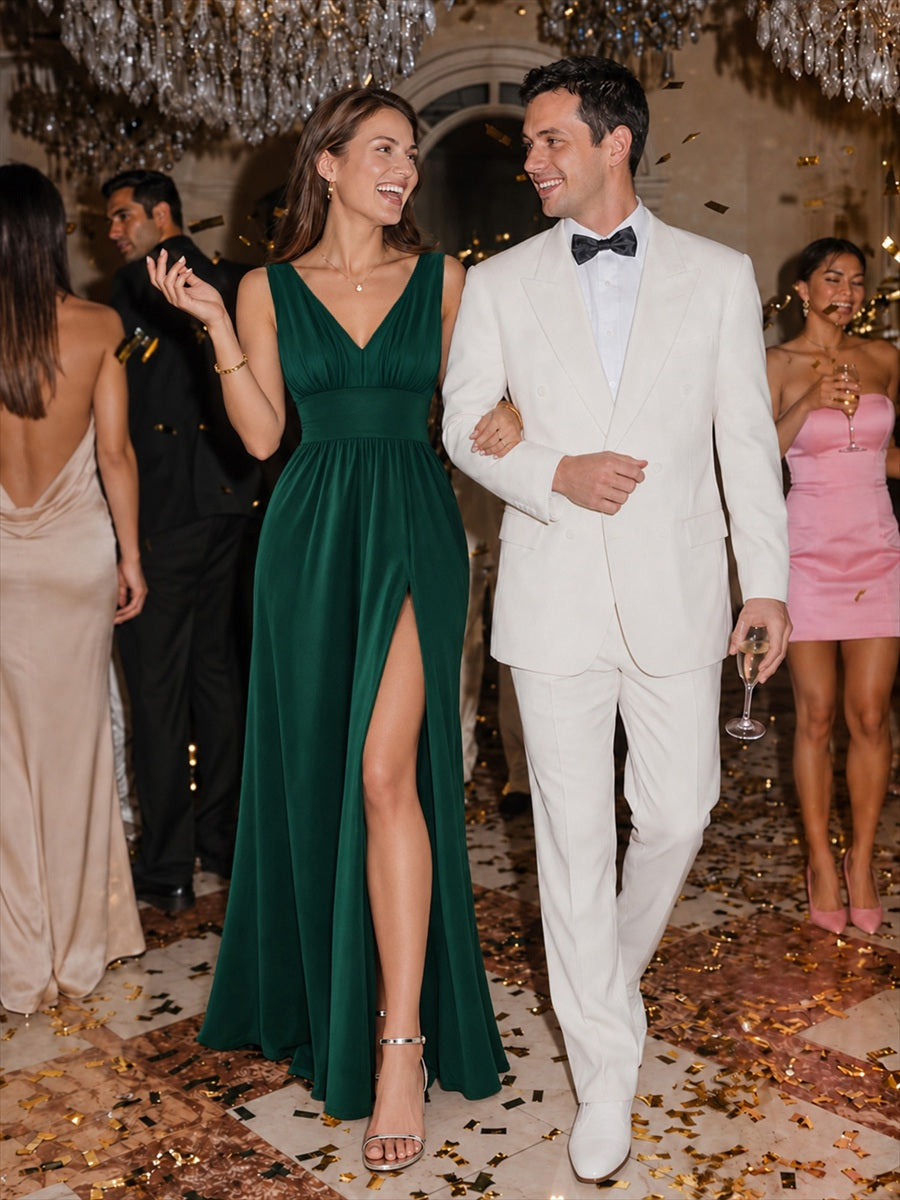 Robe de Bal Demoiselle d'Honneur longue au sol à taille empire et à encolure en V #Couleur_Vert Fonce