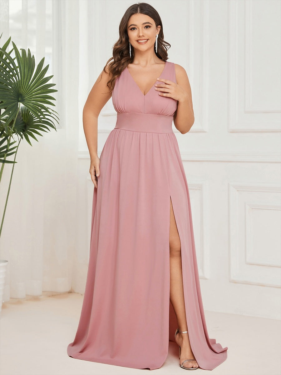 Robe de soir??e longue au sol ?? taille empire et ?? encolure en V #Couleur_Rose fumee