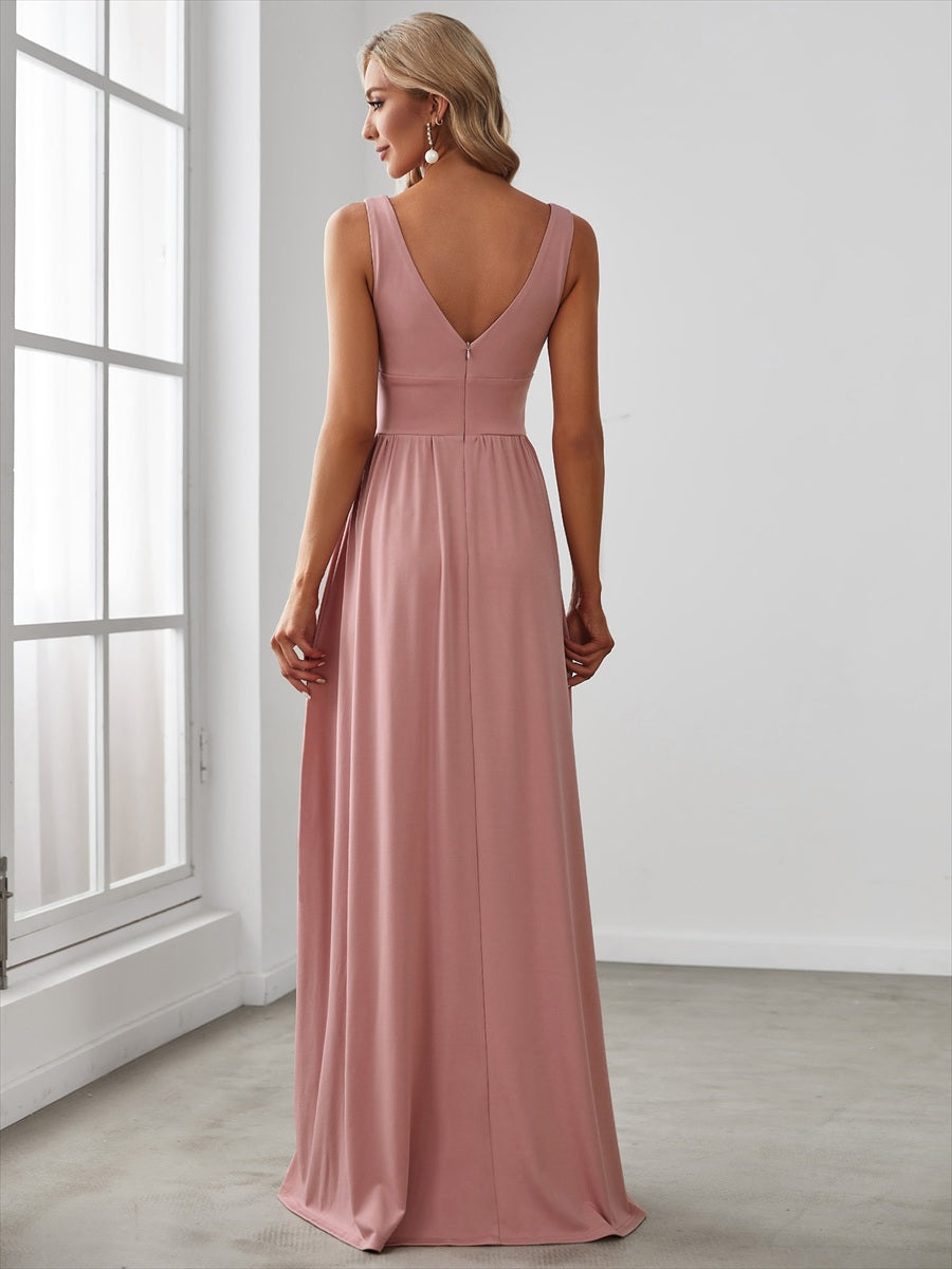 Robe de soir??e longue au sol ?? taille empire et ?? encolure en V #Couleur_Rose fumee